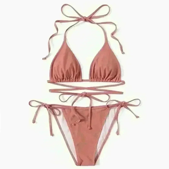 NWT Solid Rose Pink Ruched Double Wrap Triangle Tie Bikini SET - Picture 1 of 11